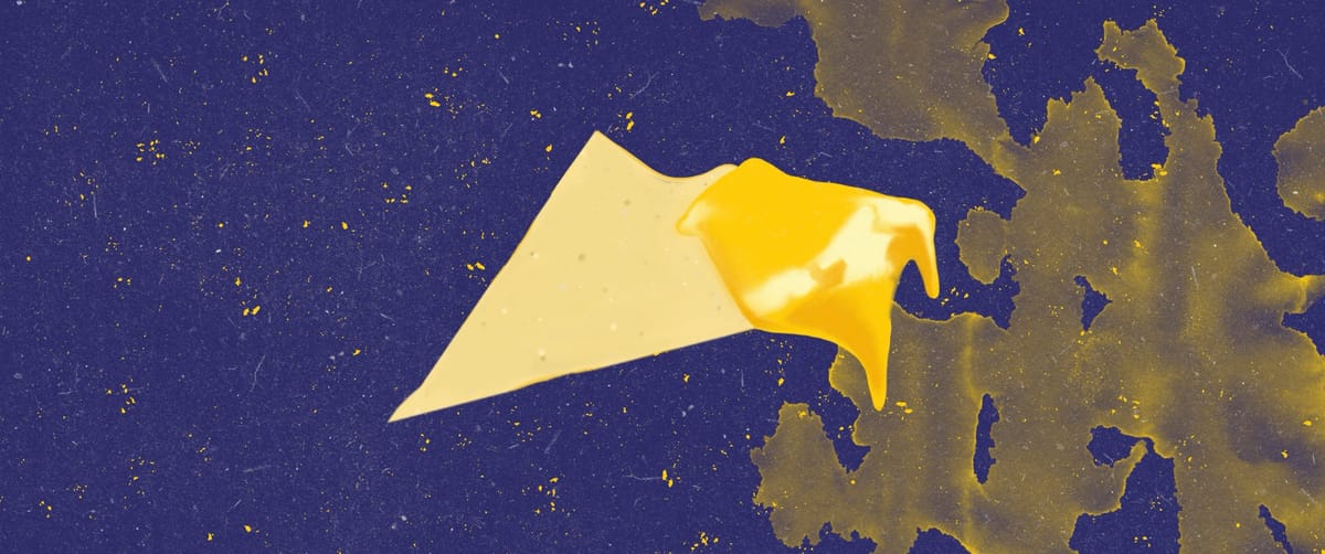 a graphic image of a yellow tortilla chip with a scoop of nacho cheese - a blue background has a yellow splatter 